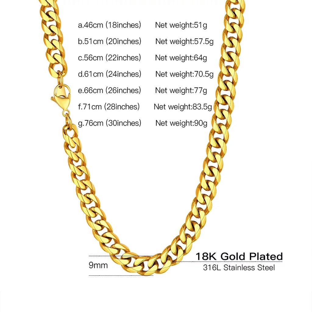 Collar Hip Hop Para Hombre 9Mm Miami Unisex Cadena De Eslabones Cubanos Tipo Curb, Acero Inoxidable 316L