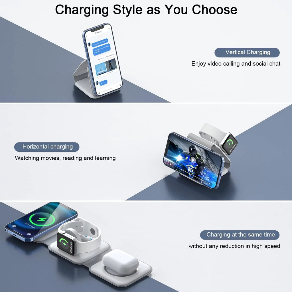Cargador Inalámbrico 3 En 1, Diseño Magnético Plegable, Estación De Carga Compatible Con Múltiples Dispositivos, Incluyendo La Serie Iphone 17/16/15/14/13, Airpods 4/3/Pro Y Iwatch