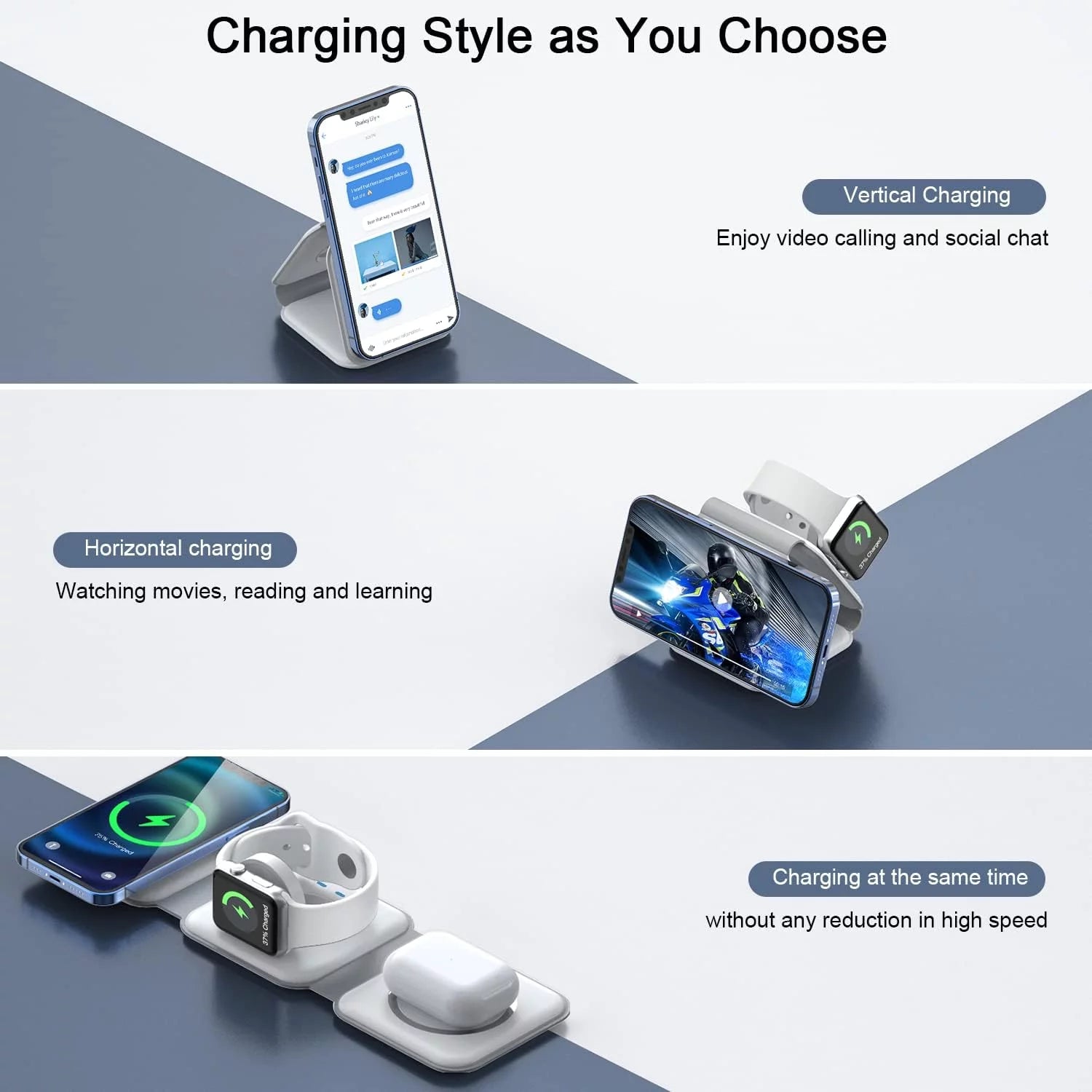 Cargador Inalámbrico 3 En 1, Diseño Magnético Plegable, Estación De Carga Compatible Con Múltiples Dispositivos, Incluyendo La Serie Iphone 17/16/15/14/13, Airpods 4/3/Pro Y Iwatch