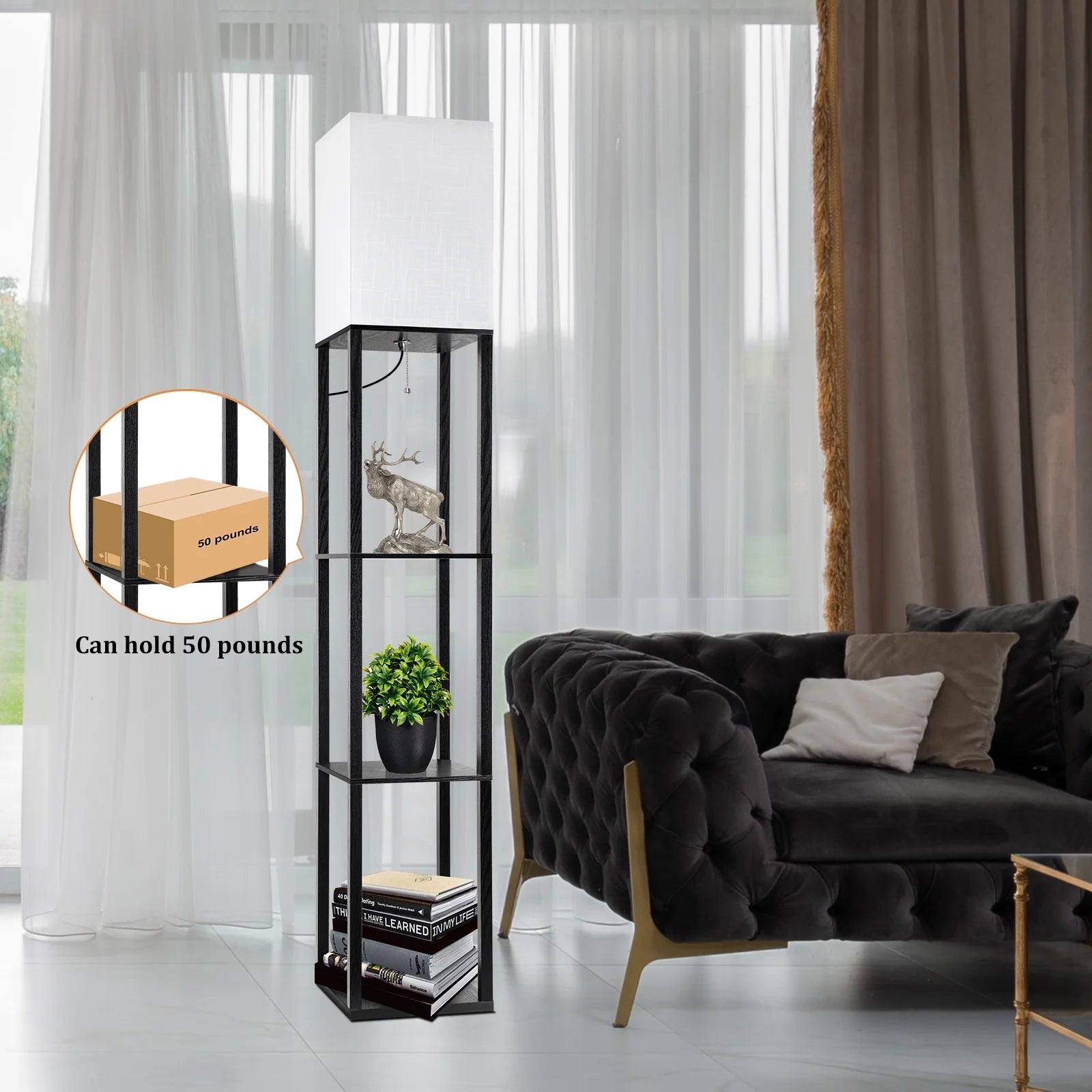 Lámparas De Pie Con Repisas De 63" Para Sala De Estar Dormitorio Oficina  Madera Modernas Lámparas De Pie Negras