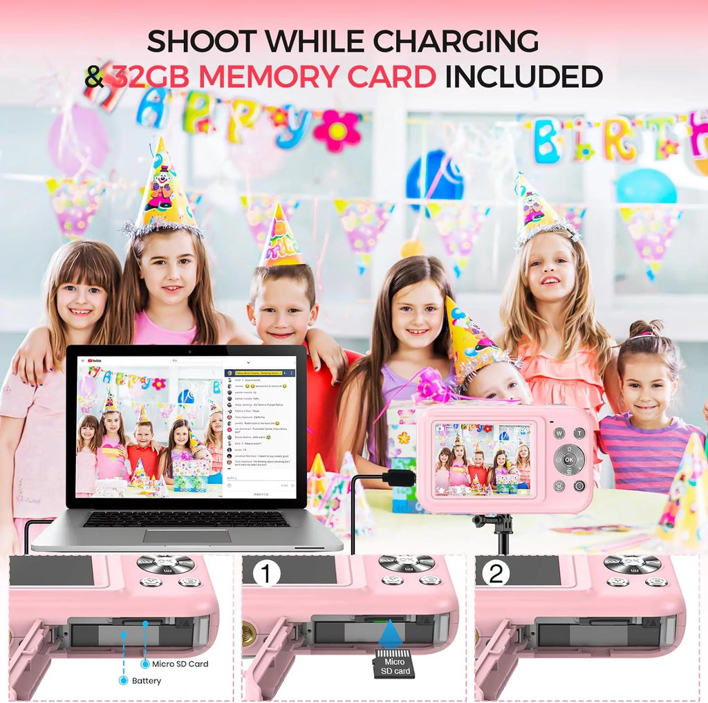 Cámara Digital Cámara Para Niños Con Tarjeta De 32GB FHD 1080P 44MP Cámara Para Vlogging Zoom Digital 16X Cámara Portátil (Rosa)