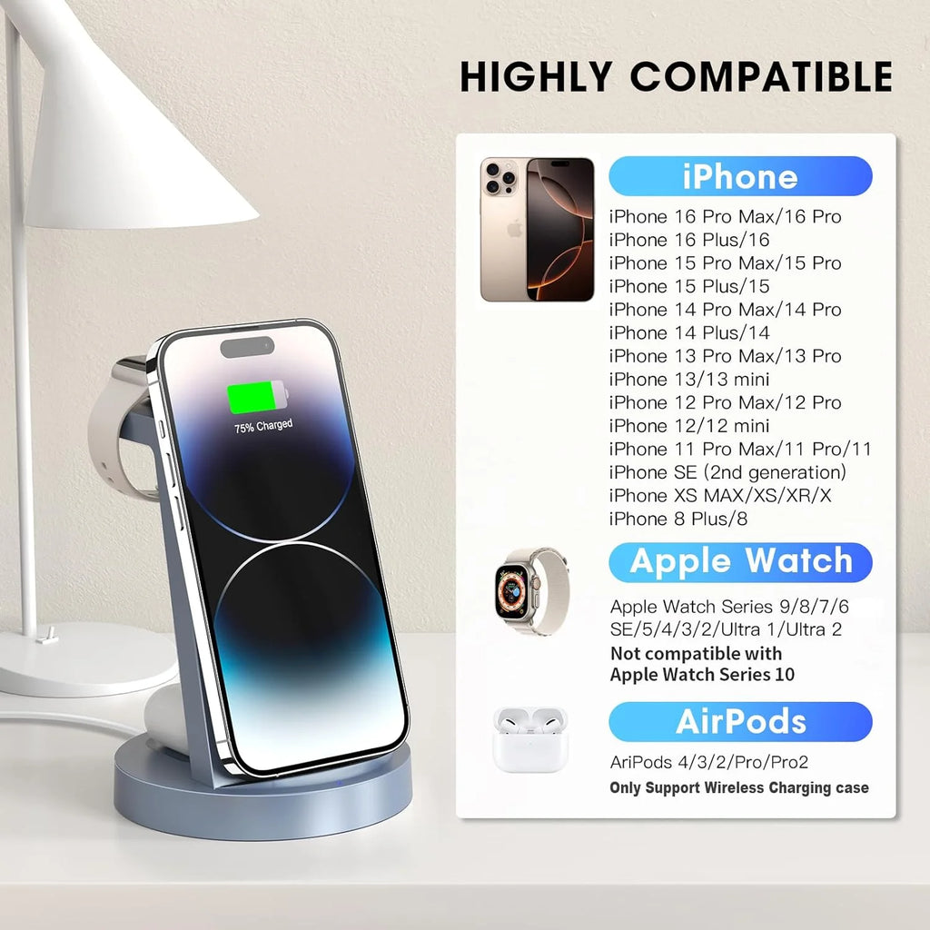 Cargador Inalámbrico - Estación De Carga 3 En 1 Compatible Para Iphone Y Iwatch - Base De Carga Para Airpods (Azul)