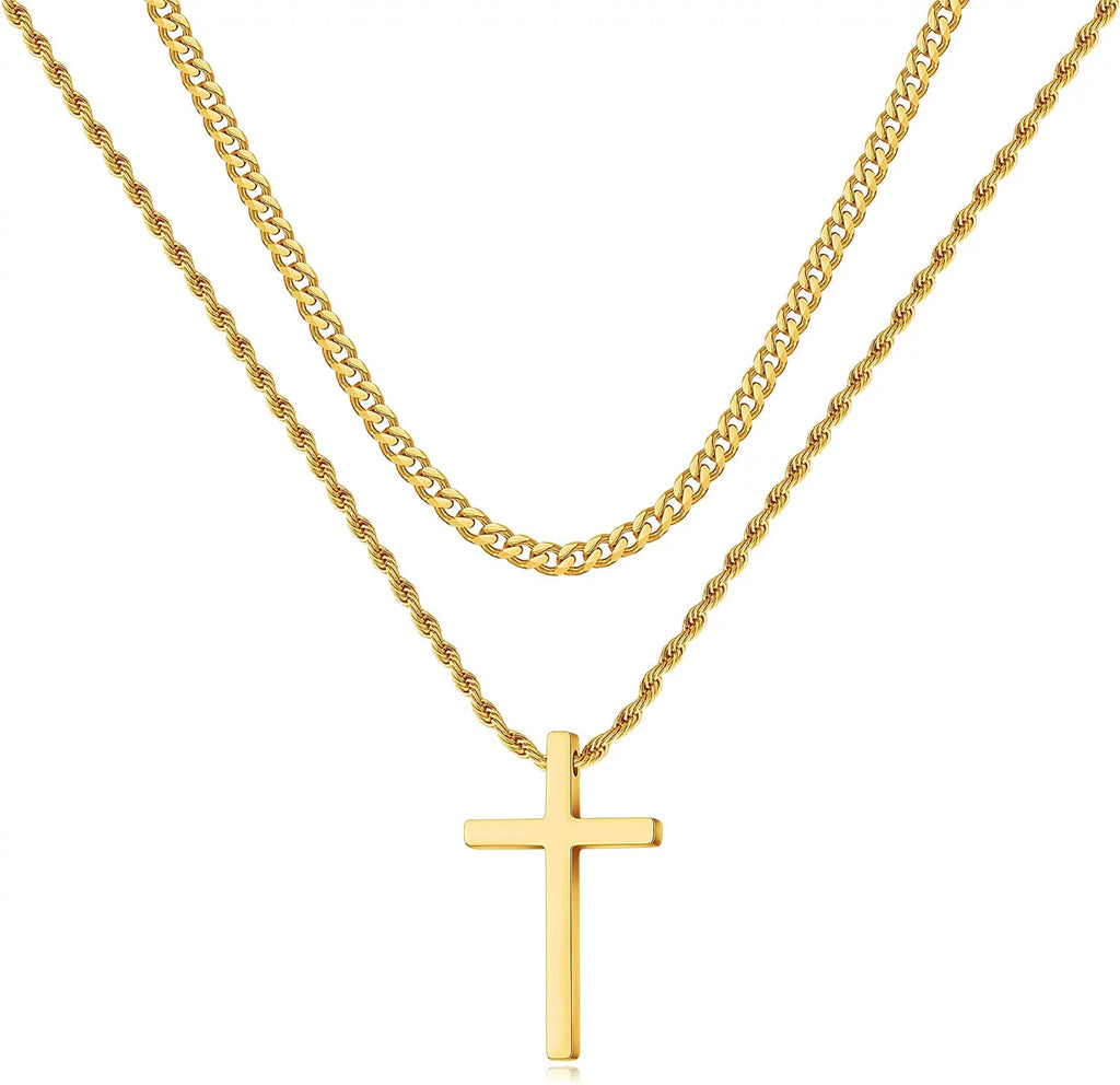 Collares De Cruz De Acero Inoxidable Para Hombre, Cadena De Eslabones Cubanos En Capas, Cadena De Cuerda, Collares De Cruz Para Hombre, Colgante De Cruz En Negro, Plata Y Oro Para Hombre Y Mujeres De 16-26 Pulgadas