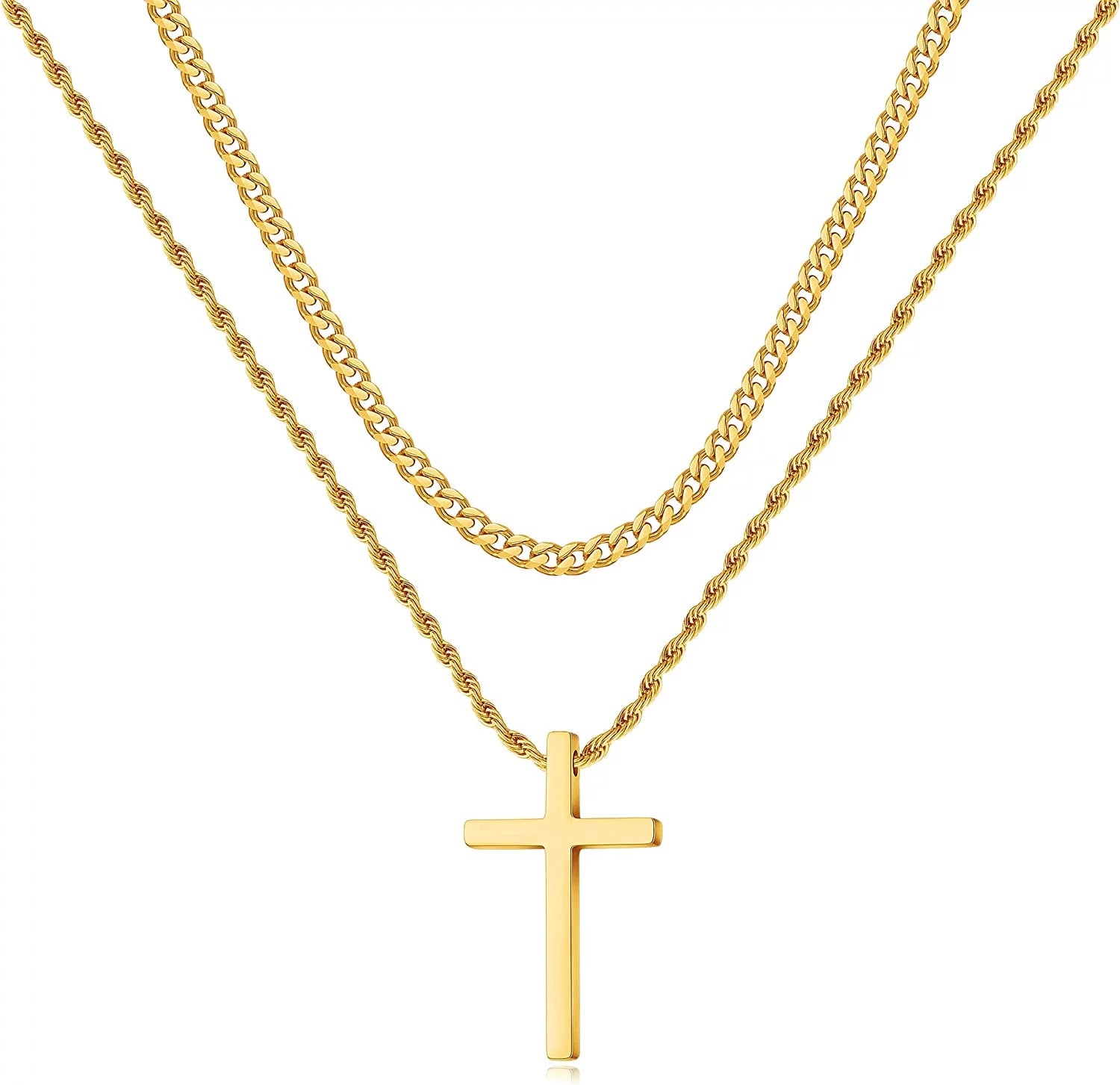 Collares De Cruz De Acero Inoxidable Para Hombre, Cadena De Eslabones Cubanos En Capas, Cadena De Cuerda, Collares De Cruz Para Hombre, Colgante De Cruz En Negro, Plata Y Oro Para Hombre Y Mujeres De 16-26 Pulgadas