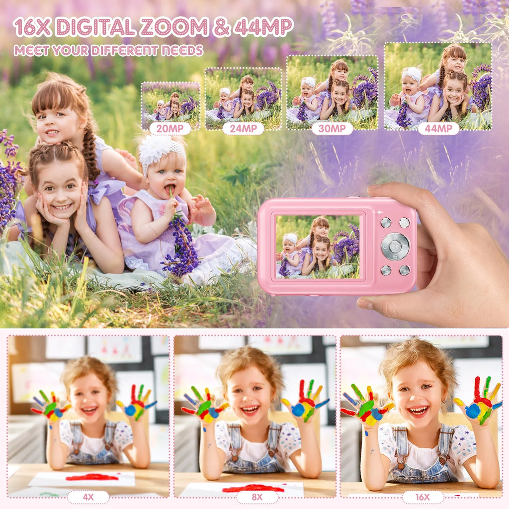Cámara Digital Cámara Para Niños Con Tarjeta De 32GB FHD 1080P 44MP Cámara Para Vlogging Zoom Digital 16X Cámara Portátil (Rosa)
