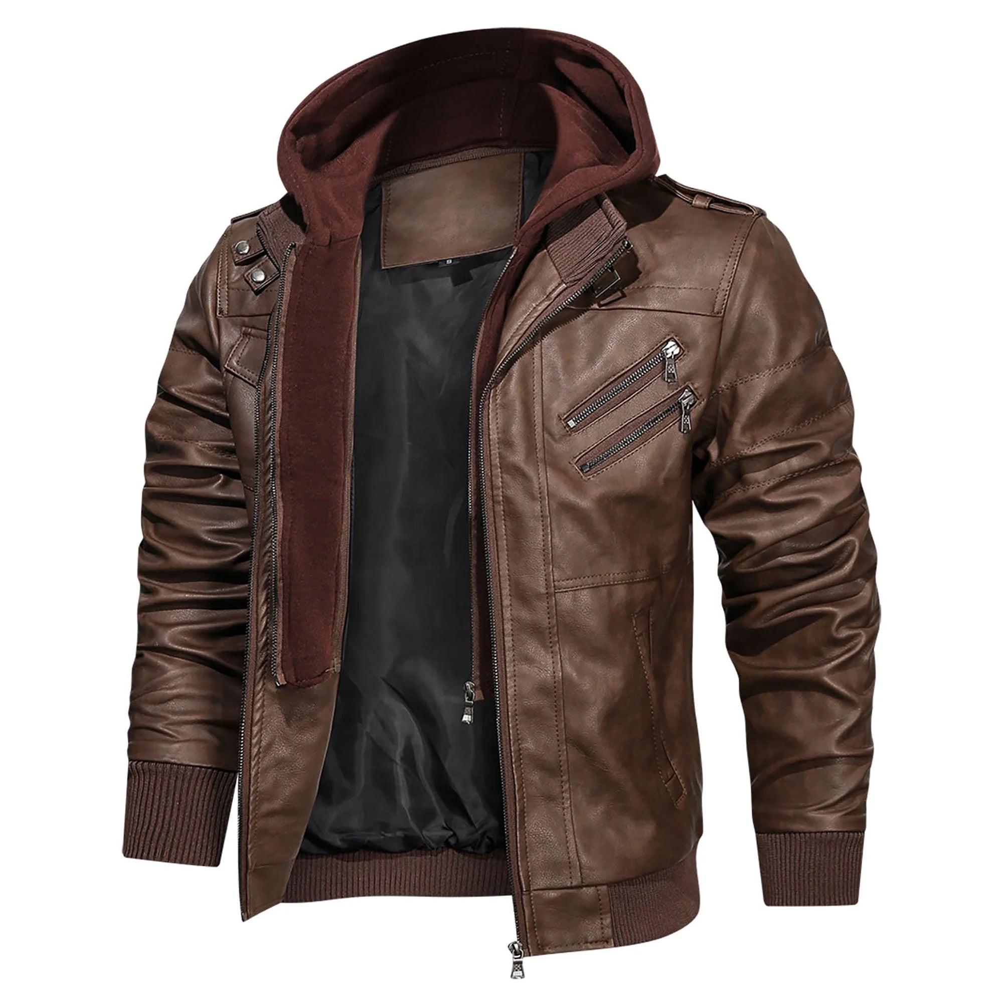 Chaqueta De Cuero Sintético Pu Para Hombre Con Capucha Desmontable Marrón 2XL