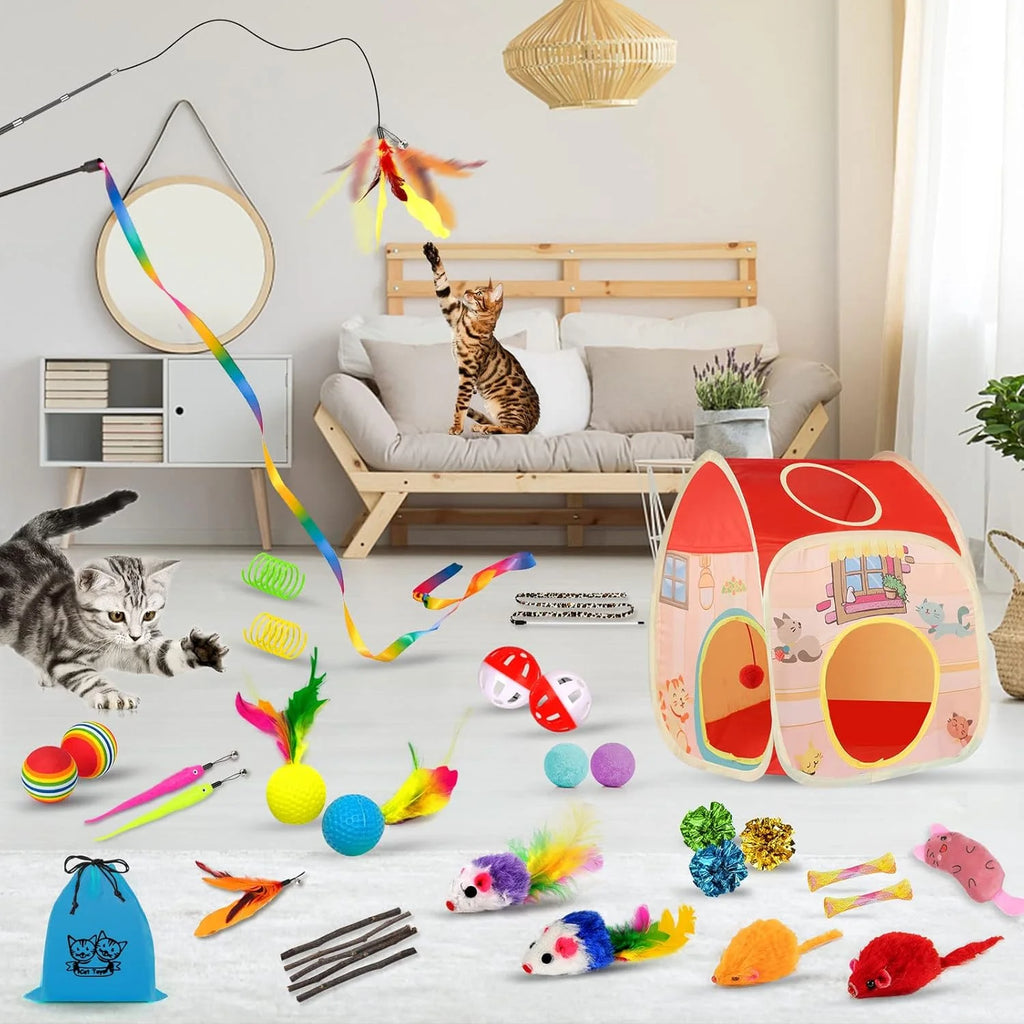 34 Pzas Juguetes Para Gatos Juguetes Para Gatitos, Juguetes Interactivos Para Gatitos Con Túneles Plegables Para Gatos Tienda, Varita Para Gato Juguete De Pluma Con Hierba Gatera