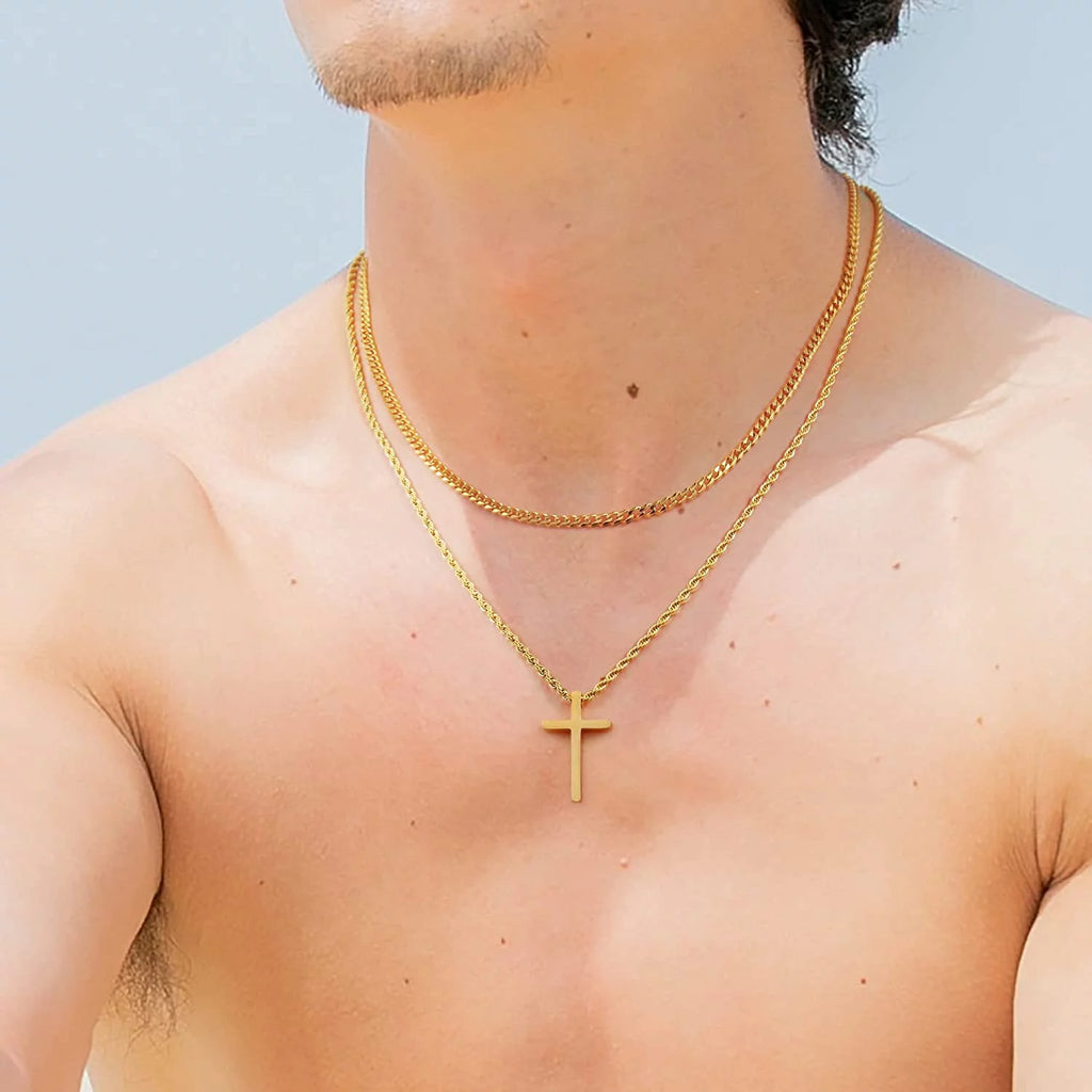 Collares De Cruz De Acero Inoxidable Para Hombre, Cadena De Eslabones Cubanos En Capas, Cadena De Cuerda, Collares De Cruz Para Hombre, Colgante De Cruz En Negro, Plata Y Oro Para Hombre Y Mujeres De 16-26 Pulgadas