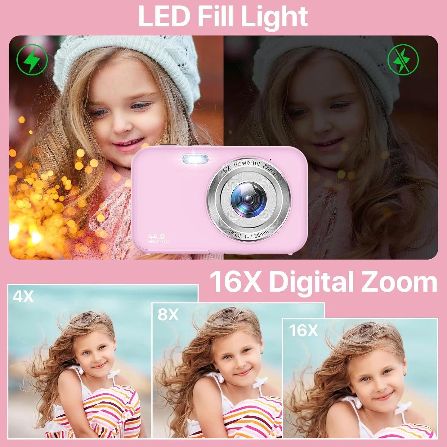 Cámara Digital Cámara Para Niños Con Tarjeta De 32GB FHD 1080P 44MP Cámara Para Vlogging Zoom Digital 16X Cámara Portátil (Rosa)