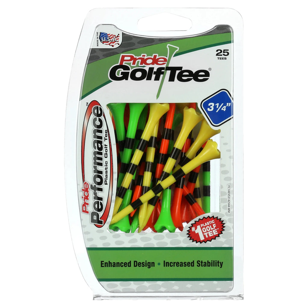 Pride Performance Camisetas De Golf De Plástico, 3-1/4" De Largo, Mezcla De Frutas a Rayas, Paquete De 25, Cabeza De Baja Resistencia Para Golf, Impulsos Más Largos, Plástico Duradero