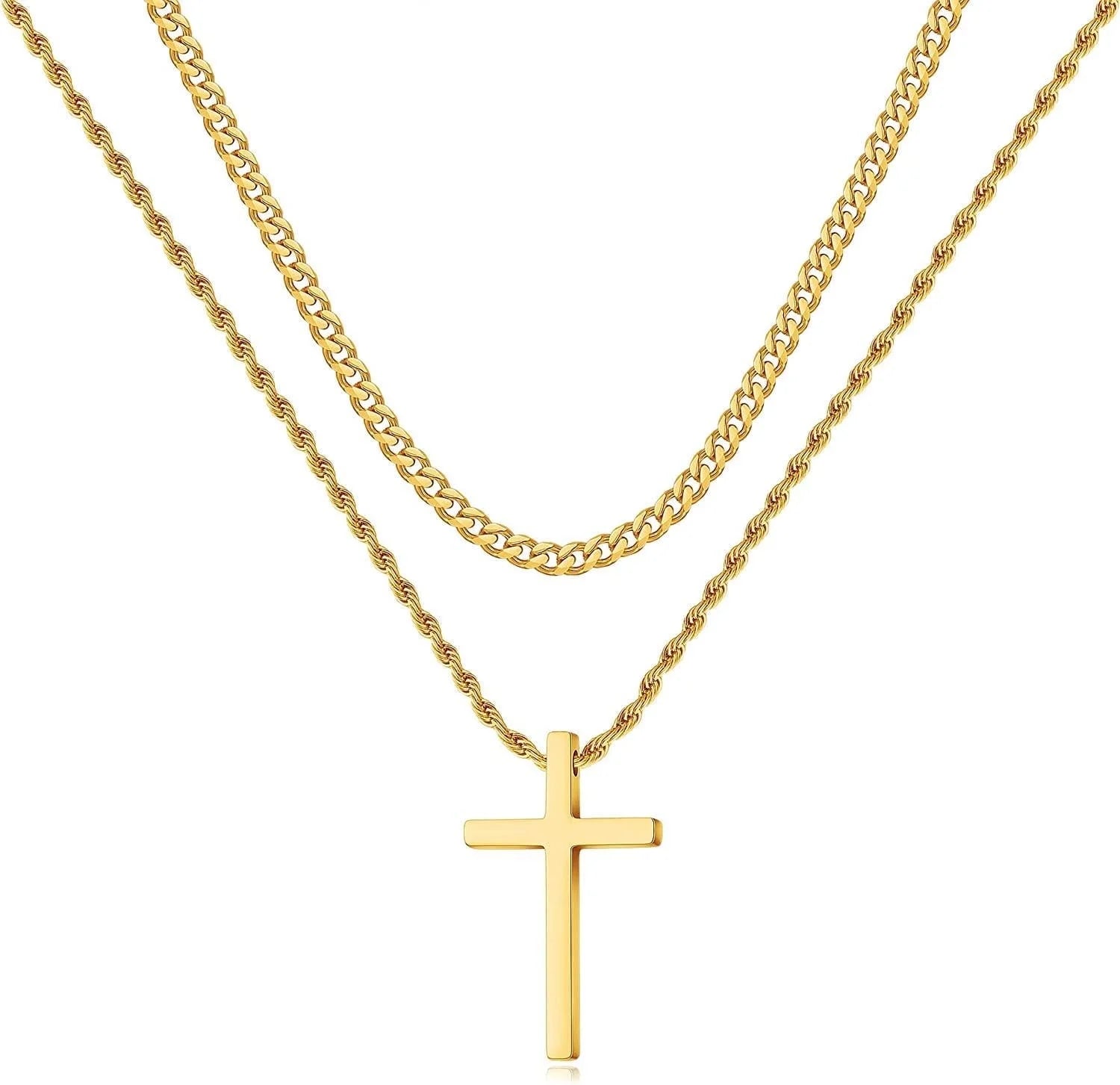 Collares De Cruz De Acero Inoxidable Para Hombre, Cadena De Eslabones Cubanos En Capas, Cadena De Cuerda, Collares De Cruz Para Hombre, Colgante De Cruz En Negro, Plata Y Oro Para Hombre Y Mujeres De 16-26 Pulgadas